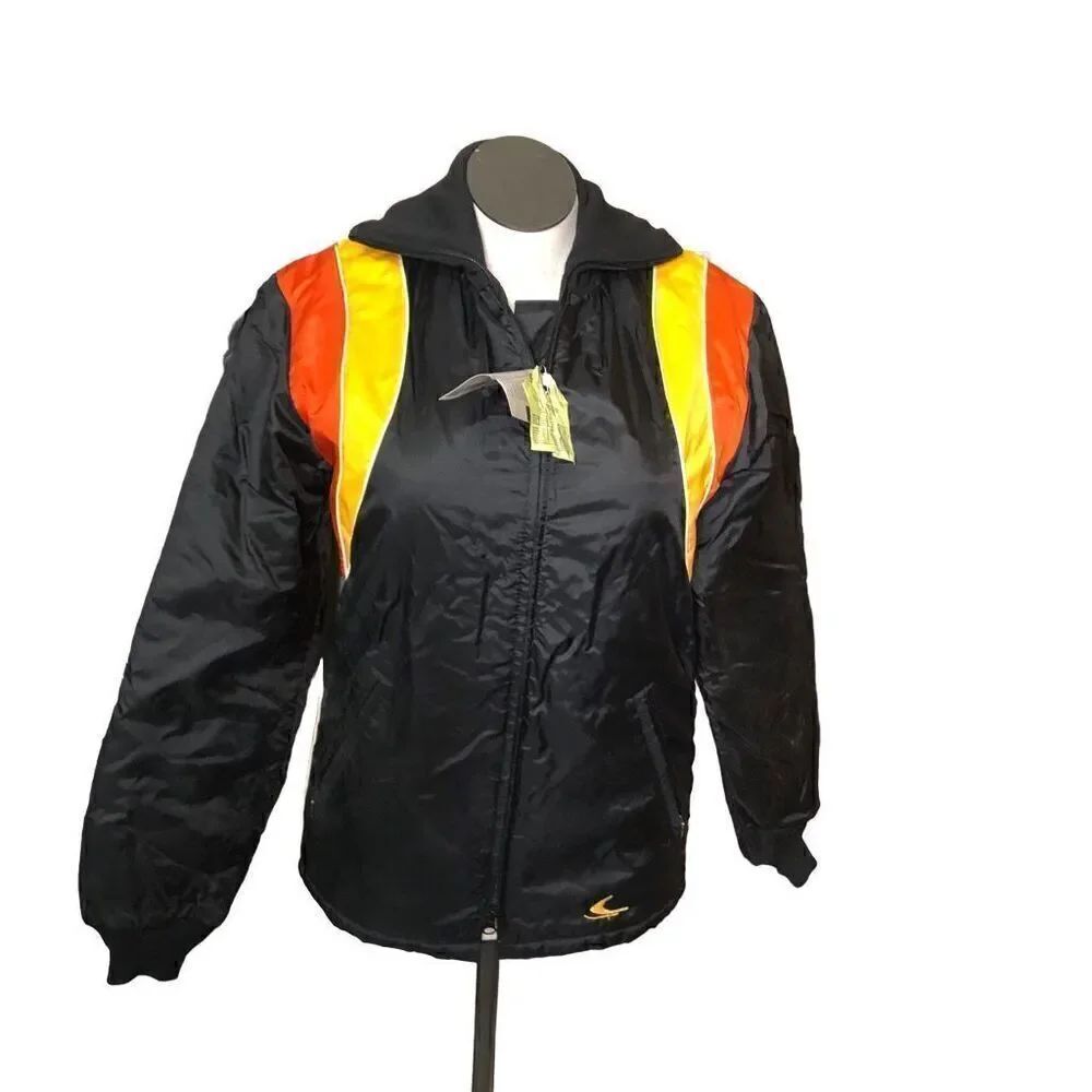 Vtg 70s Bombadier Womens Ski Jacket L Full Zip Retro Black Yellow Orange Spread